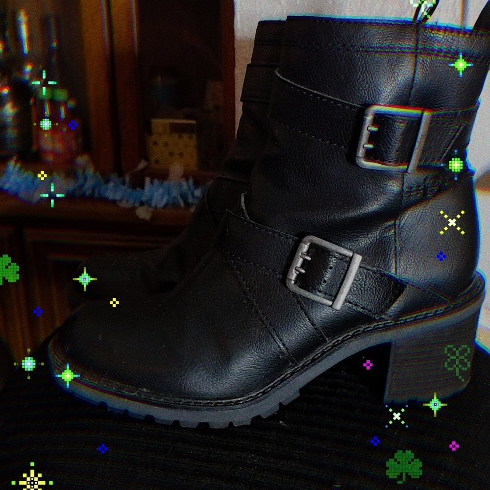 Macy's Black Leather Buckle Block-Heel Ankle Boots